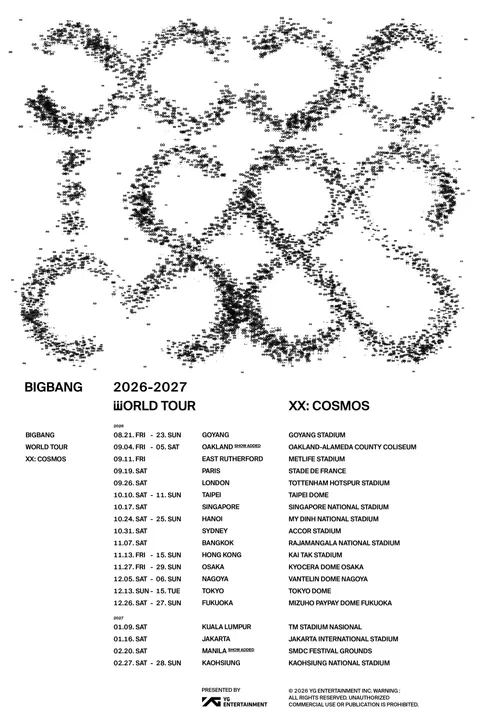 BIGBANG 2026–2027 XX : COSMOS official tour poster; see the description for the additional Singapore show