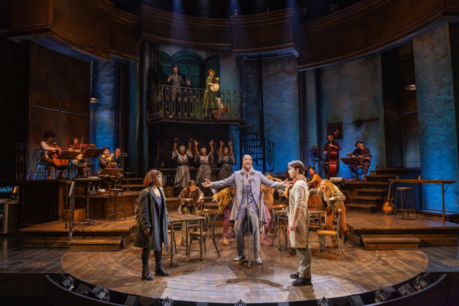 Jordan Tyson, J. Harrison Ghee, Joshua Colley, and the Company of HADESTOWN — Broadway, 2026. Cast varies by performance.