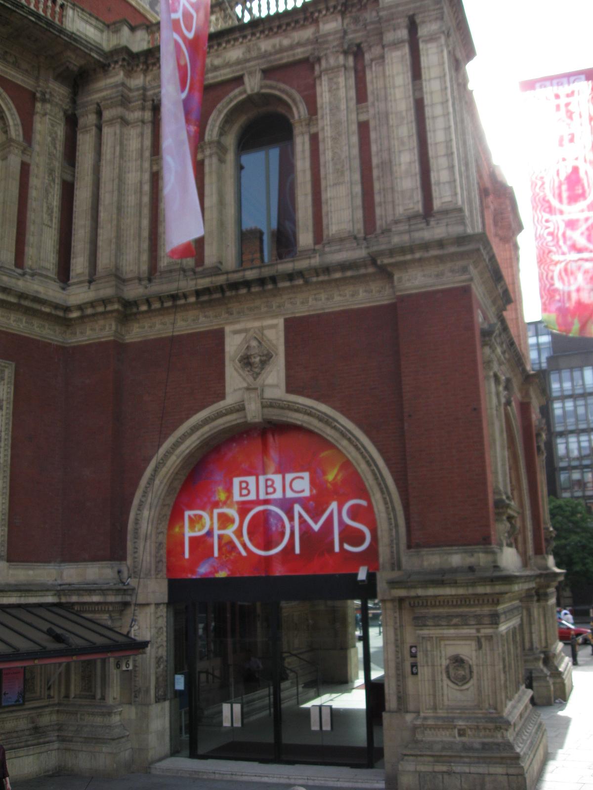 The Royal Albert Hall entrance and BBC Proms signage during the 2008 season; past-edition venue view.