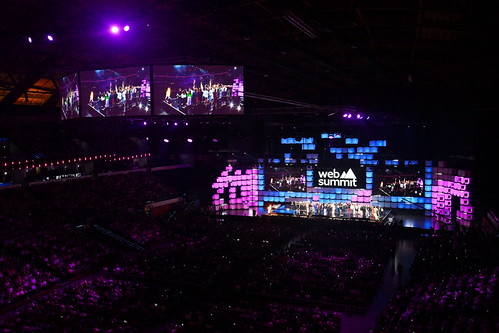 A wide view of Centre Stage and the audience on the opening night of Web Summit 2024 in Lisbon; past edition.