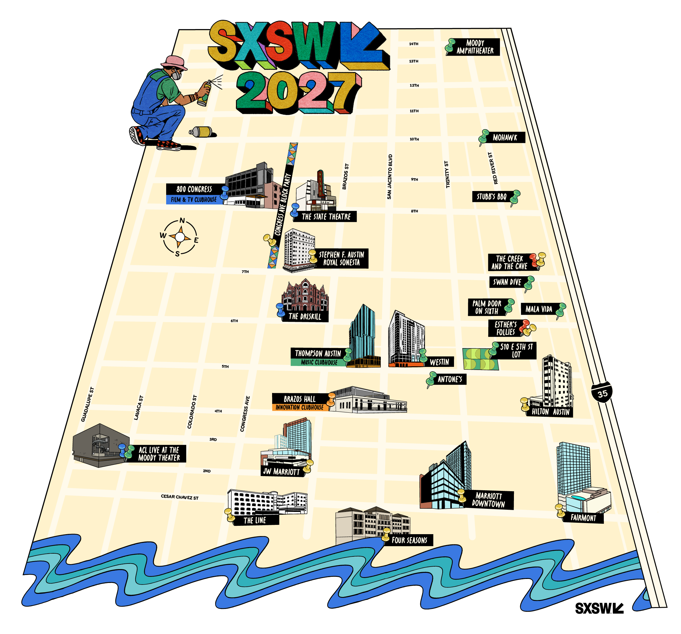 Official SXSW 2027 downtown Austin map with street names, venues and clubhouses